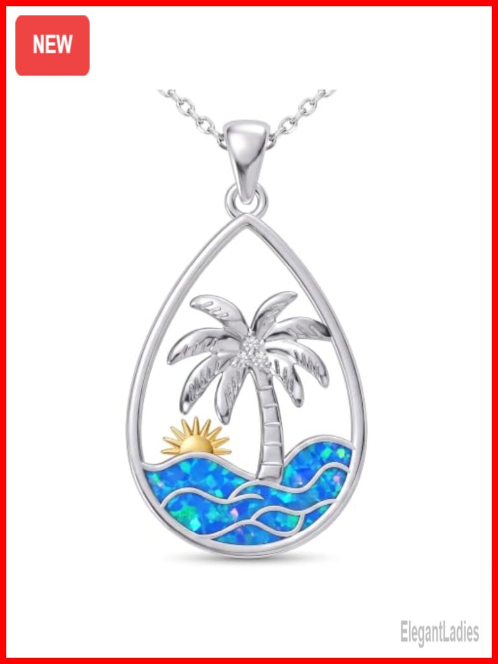 S925 Sterling Silver Palm Tree Blue Opal Diamond Pendant Necklace Adjustable